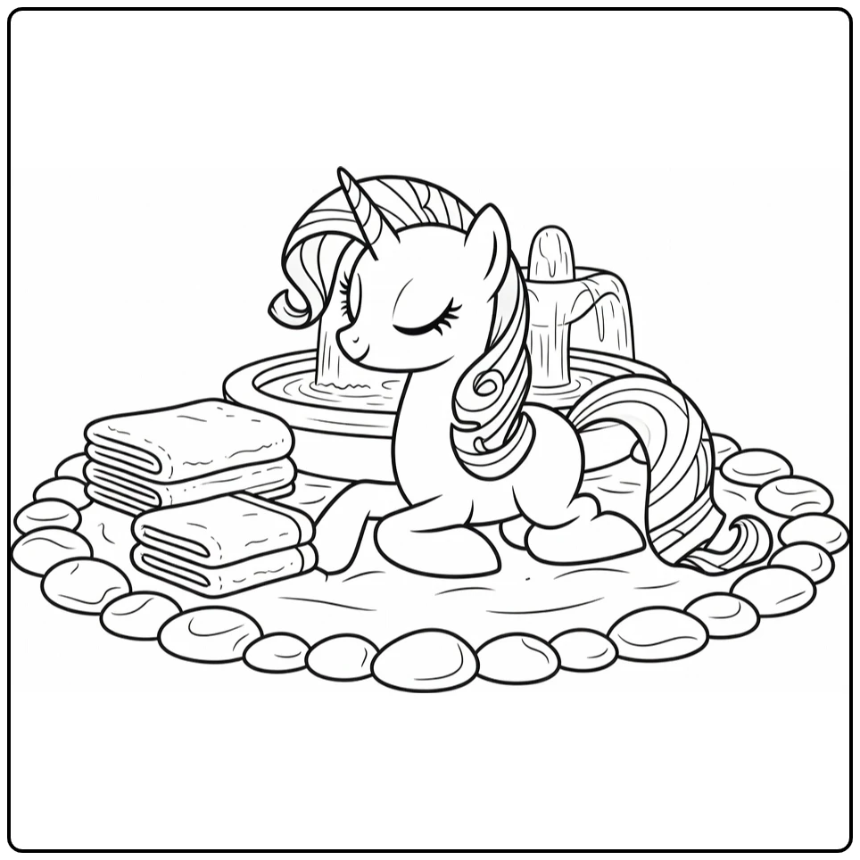 My Little Pony Rarity Relaxing with Spa Fountain coloring page