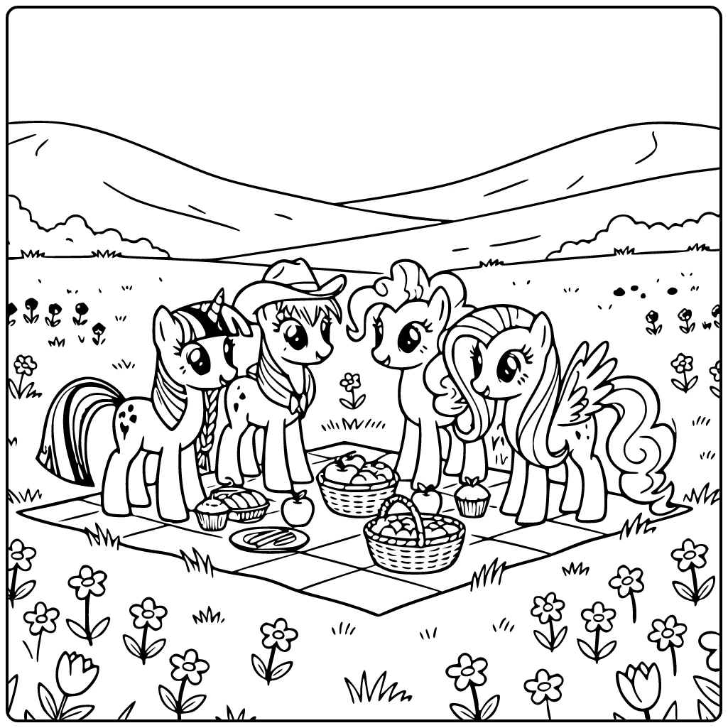 My Little Pony coloring page with Twilight Sparkle, Applejack, Pinkie Pie, and Fluttershy