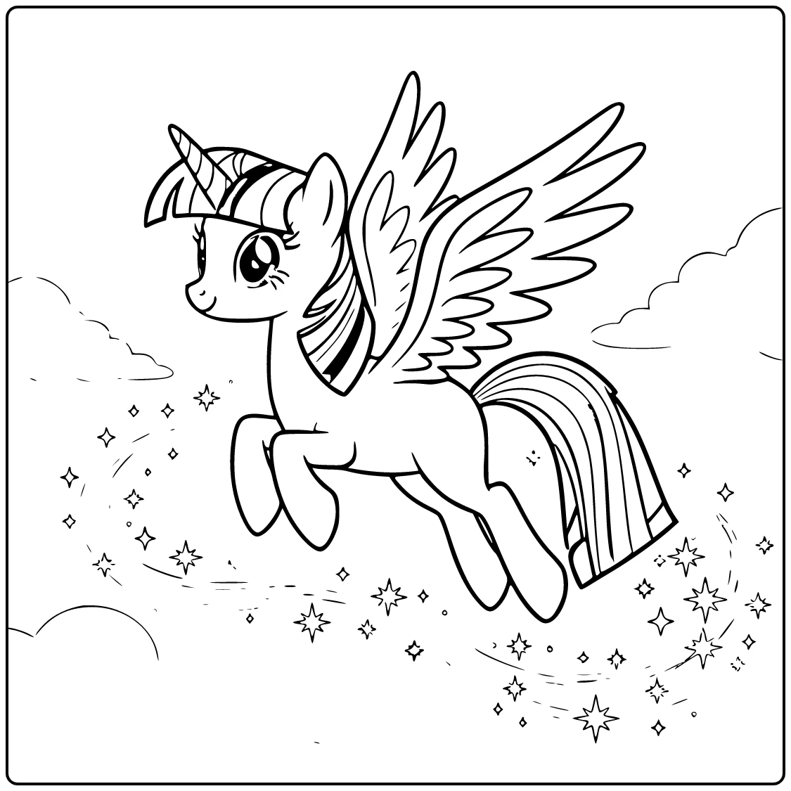 My Little Pony Twilight Sparkle coloring page flying through the sky