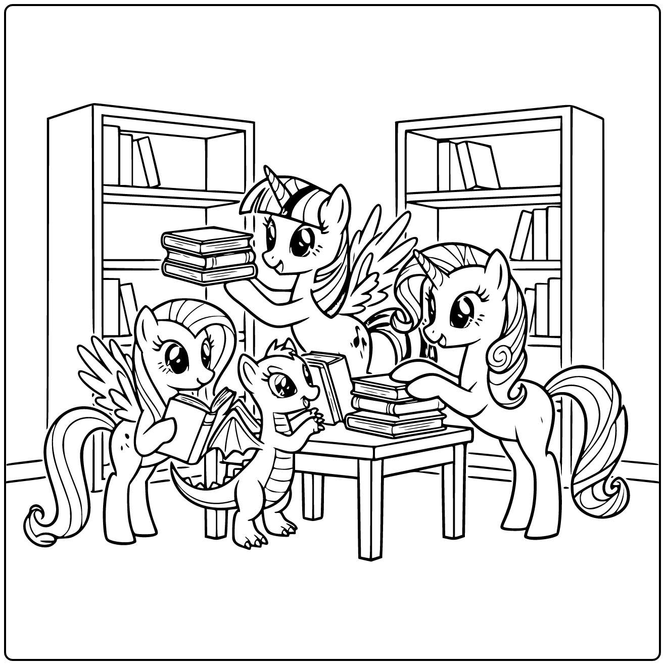 My Little Pony Twilight Spike Rarity Fluttershy Reading coloring page