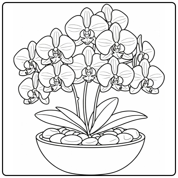 Orchid coloring page showing a flowering plant in a bowl with stones