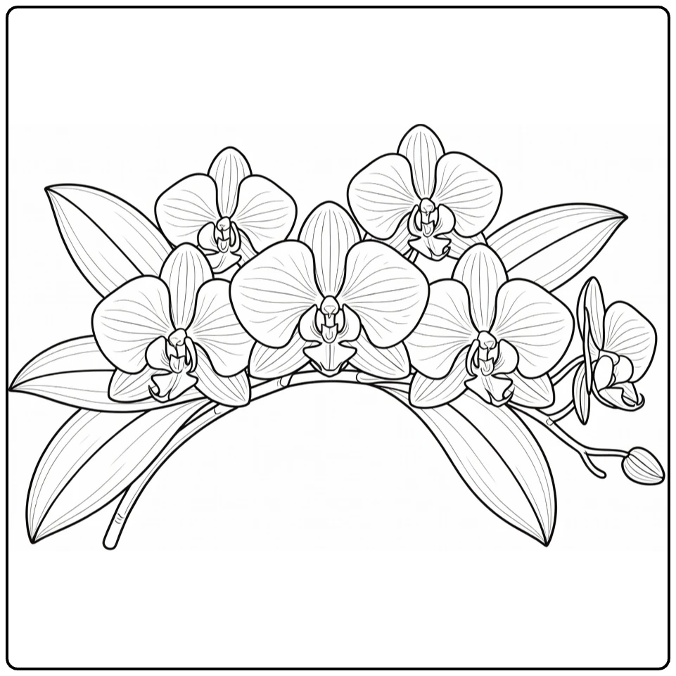 Orchid coloring page showing a cluster of flowers on a curved branch