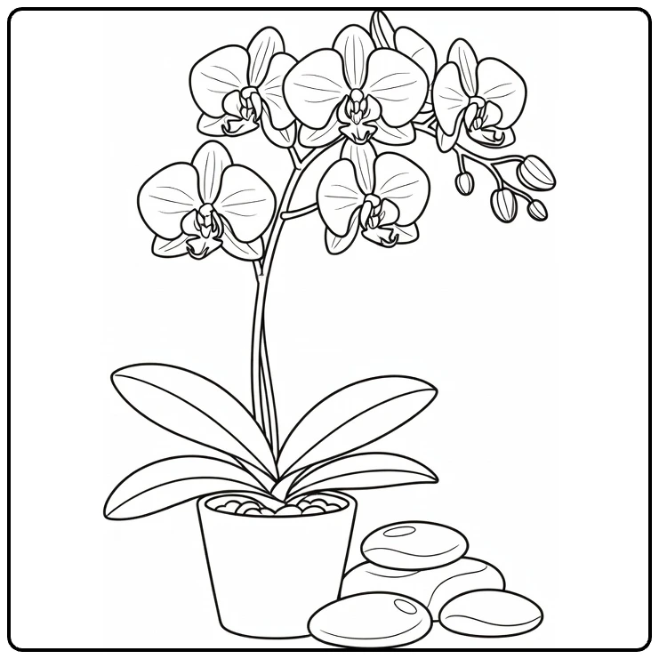 Orchid coloring page featuring a potted flower and decorative stones