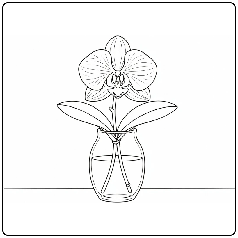 Orchid coloring page showing a single flower in a clear vase
