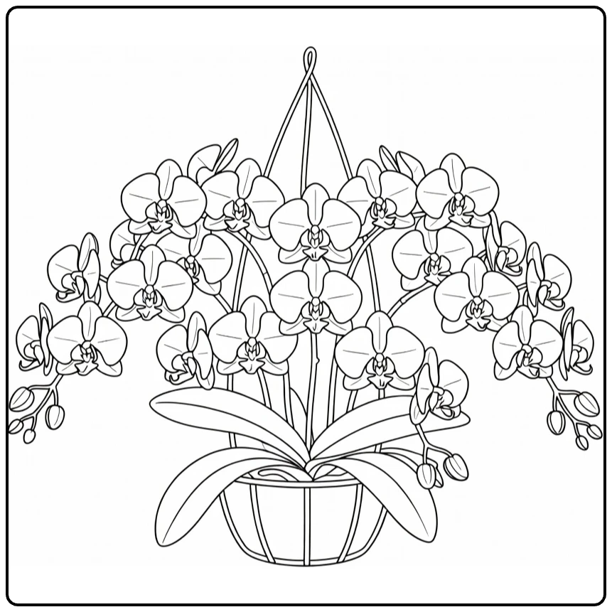 Orchid coloring page showing cascading blooms in a hanging basket