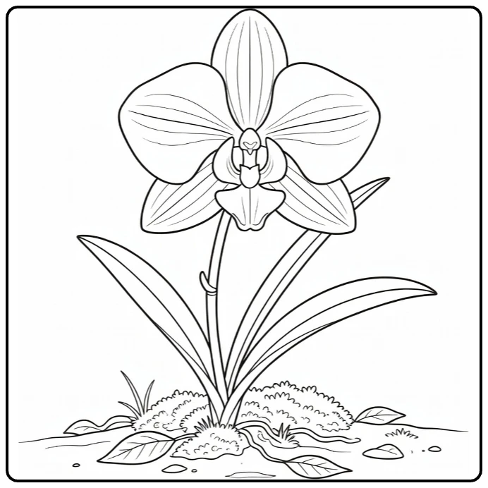 Orchid coloring page featuring one flower growing on the forest floor