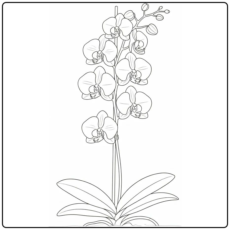 Orchid coloring page showing a tall stem with blossoms and buds