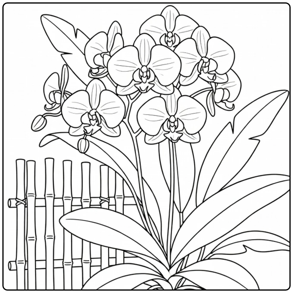 Orchid coloring page featuring tropical flowers near a bamboo fence