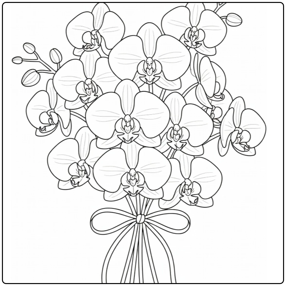 Orchid coloring page featuring a large bouquet tied with ribbon