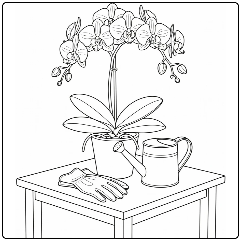Orchid coloring page showing a plant with gardening gloves and watering can