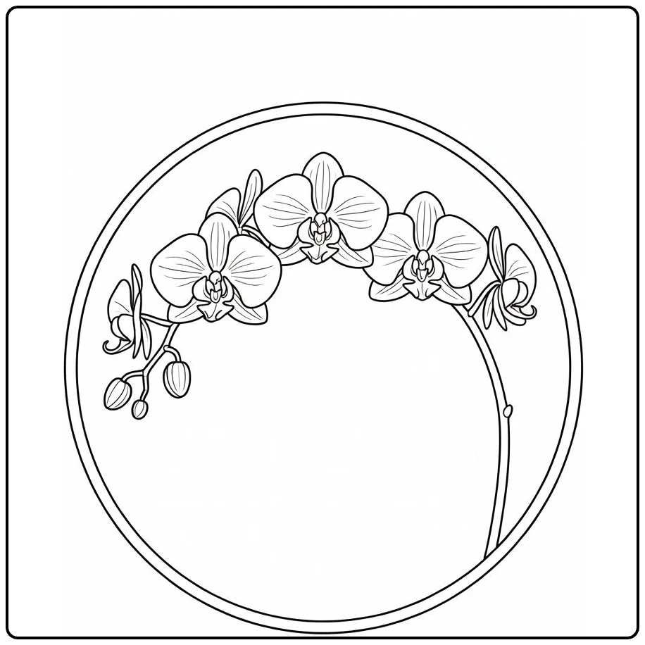 Orchid coloring page featuring blossoms around a round frame