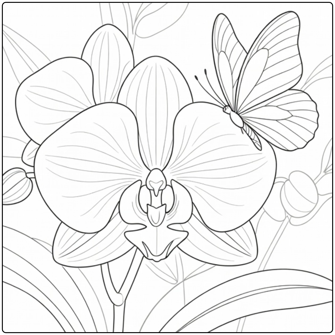 Close-up orchid coloring page with a butterfly on the petals