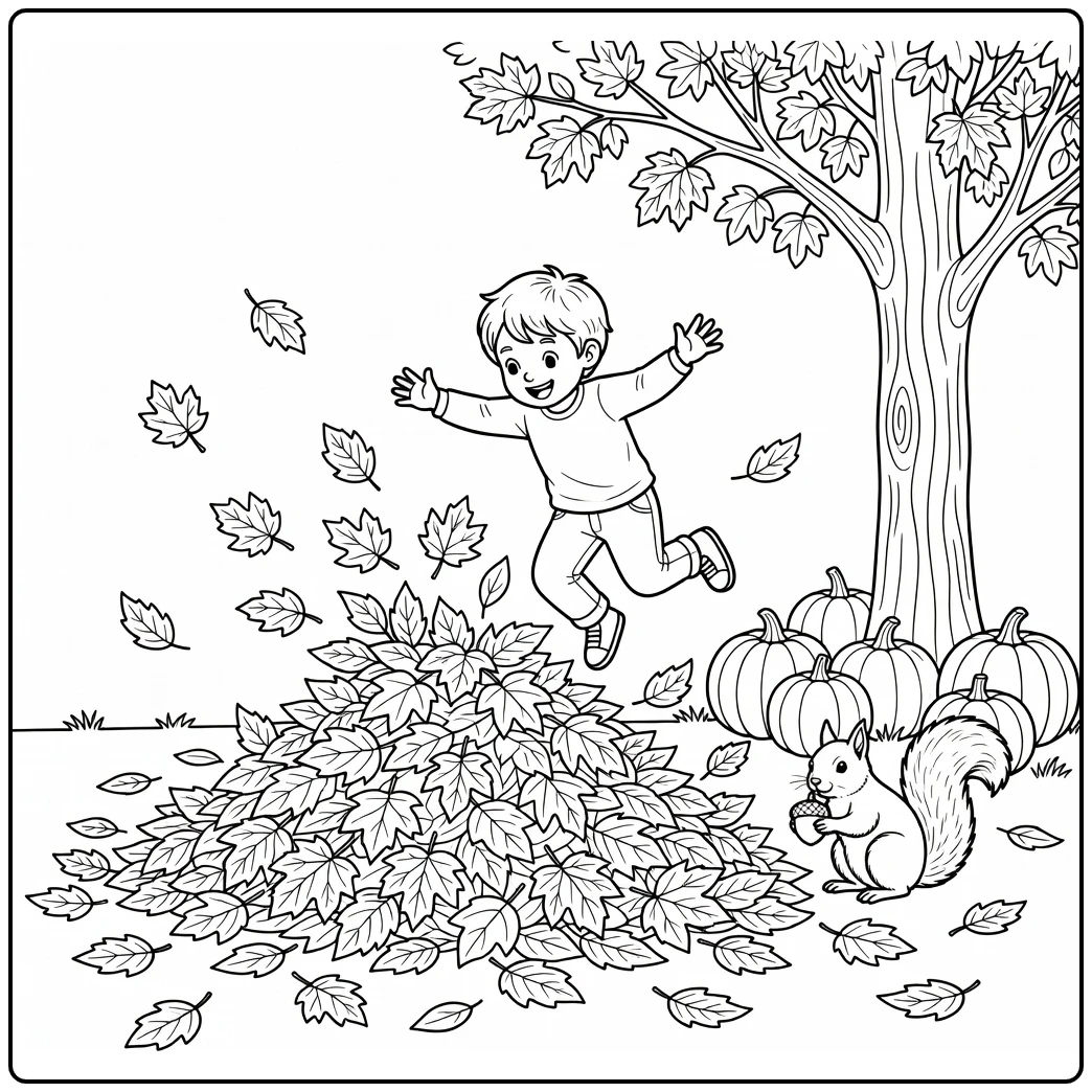 Fall coloring page featuring a child in leaves with pumpkins and a squirrel