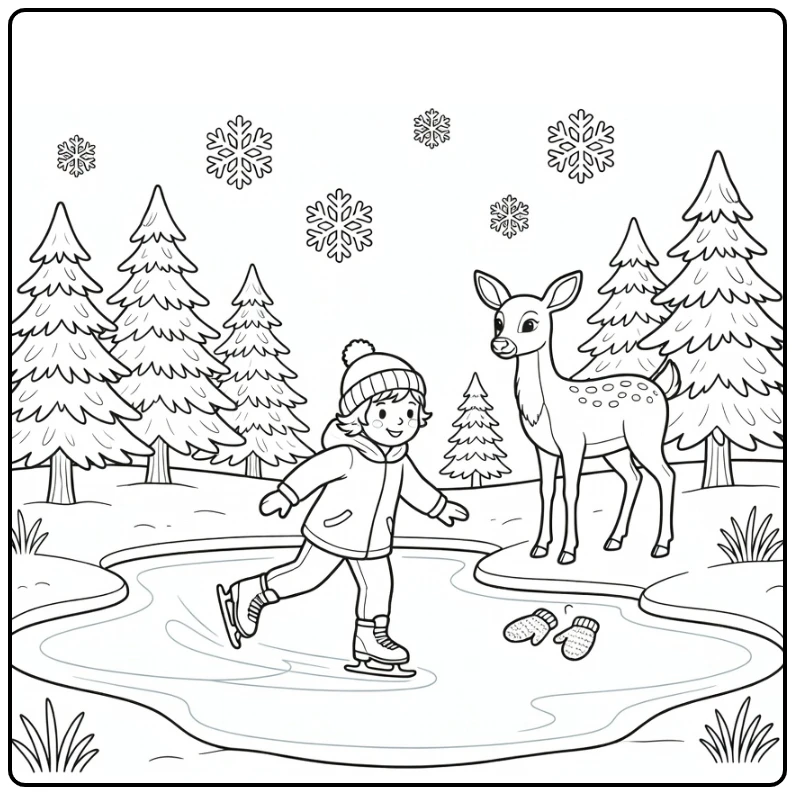 Winter coloring page with a child ice skating near a deer and pine trees
