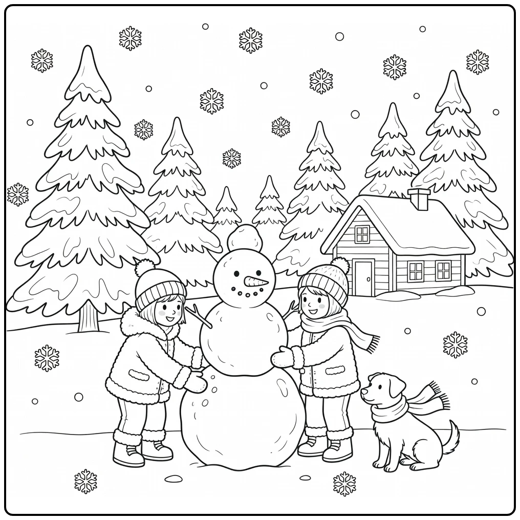 Winter coloring page showing children, a snowman, and a small dog