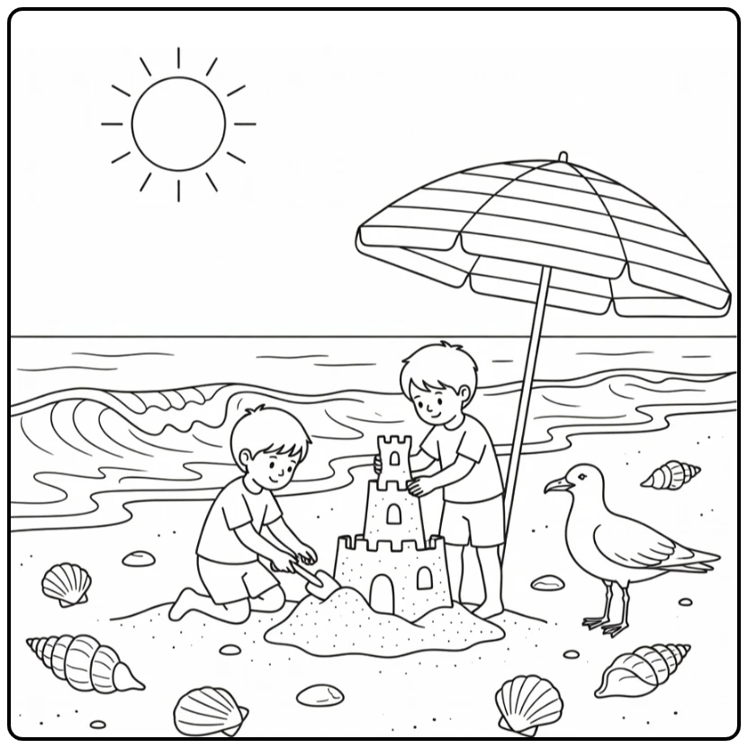 Summer coloring page with children building a sandcastle by the sea