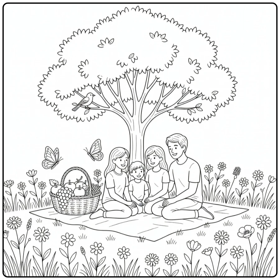 Summer coloring page featuring a family picnic in a flower-filled meadow
