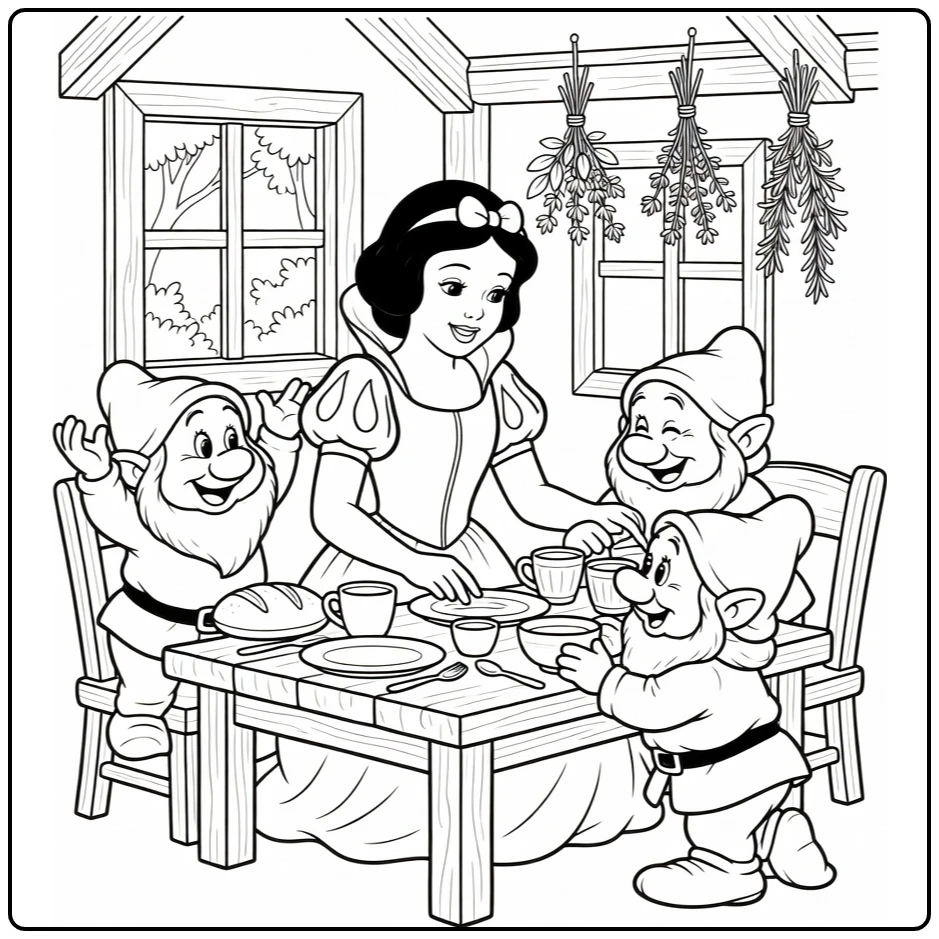 Snow White Preparing Meal with Dwarfs coloring page