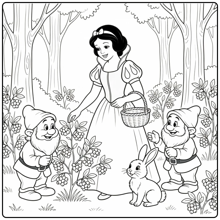 Snow White Berries Picking with Dwarfs in Forest coloring page