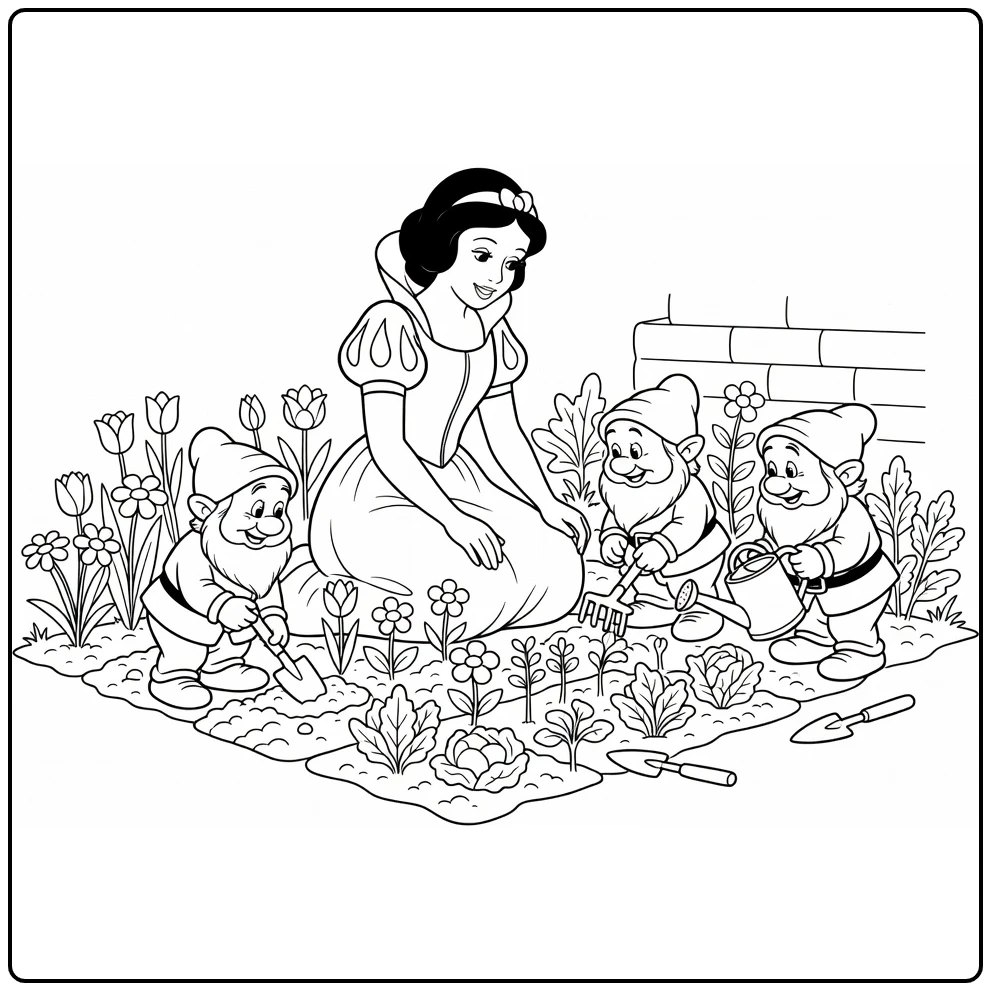 Snow White Garden with Three Dwarfs and Watering Can coloring page