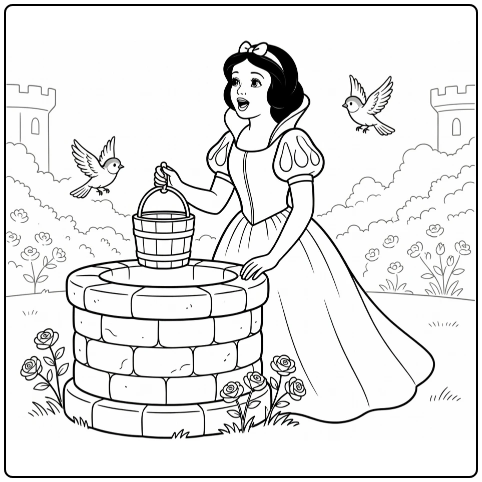 Snow White Wishing Well in Castle Garden with Birds coloring page