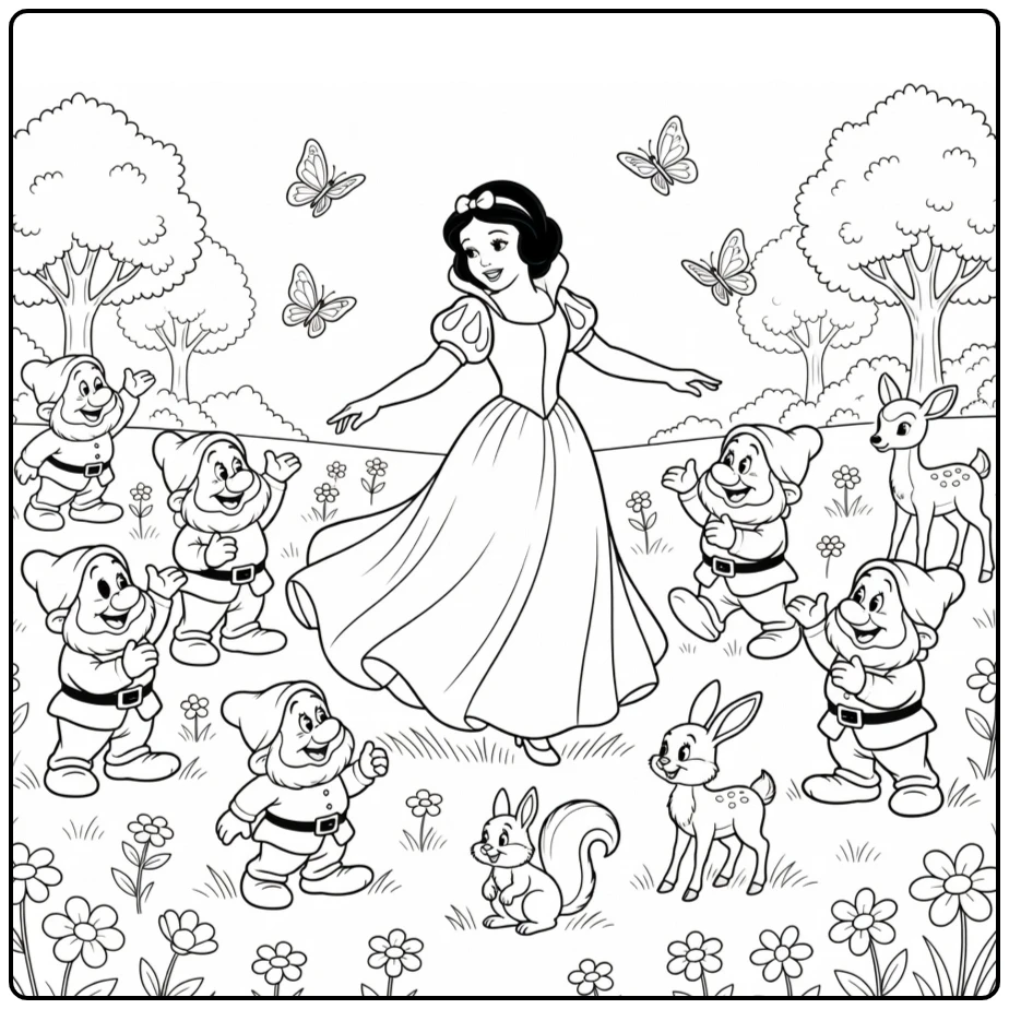Snow White Dancing with Cheerful Forest Friends coloring page