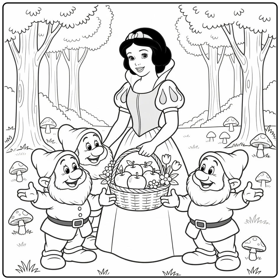 Snow White and Three Dwarfs with Flower Basket coloring page