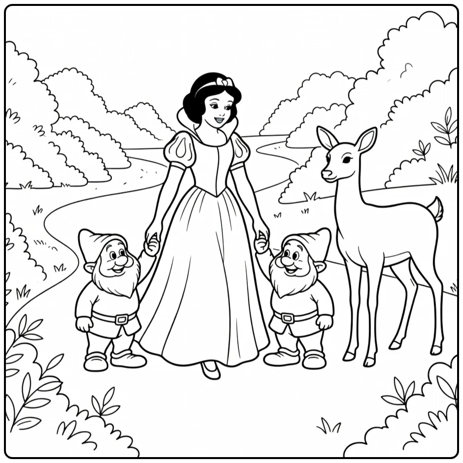 Snow White Walking in Hand with Dwarfs coloring page