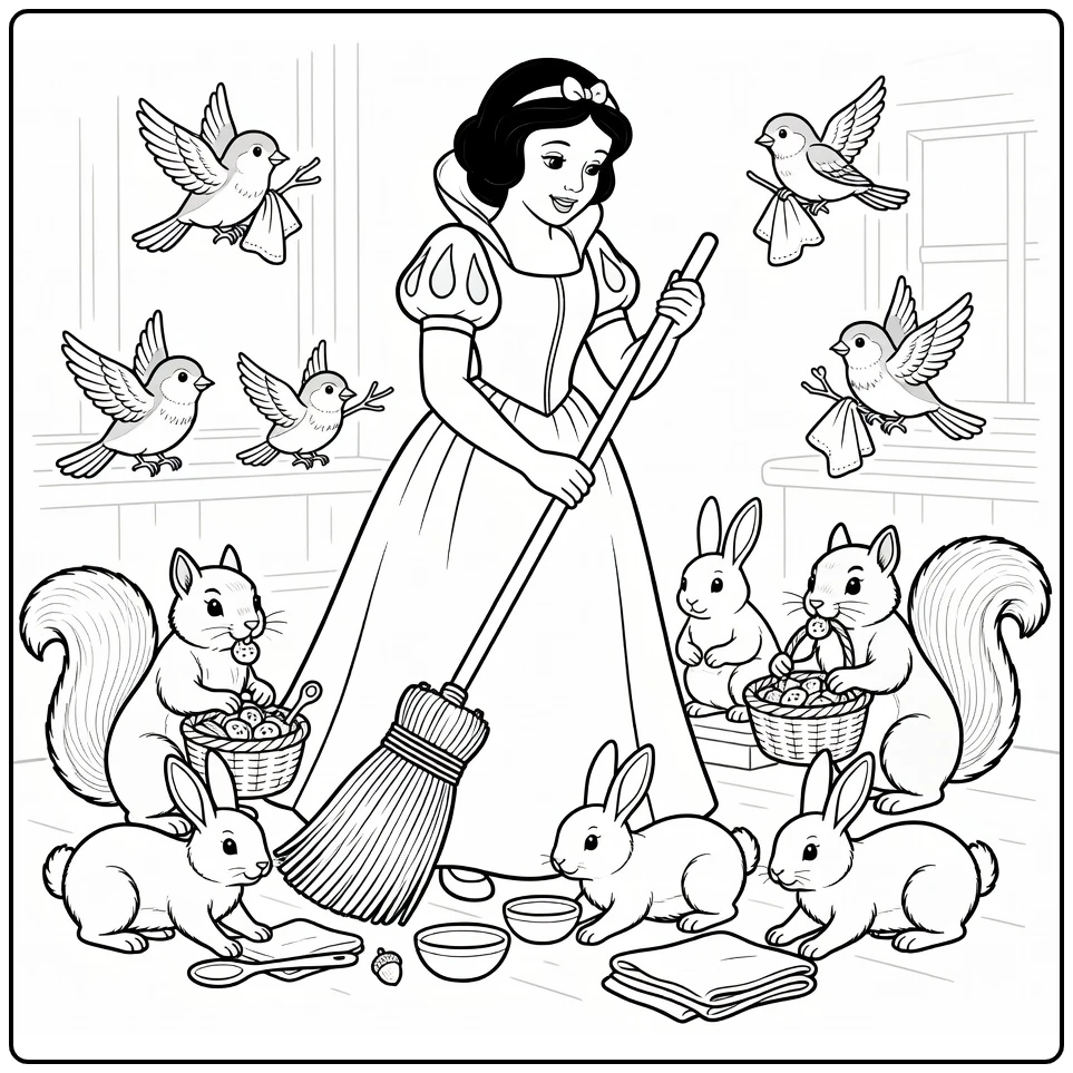 Snow White coloring page cleaning a cottage with forest animals