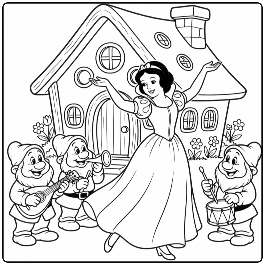 Snow White with Happy Dwarfs and Instruments coloring page