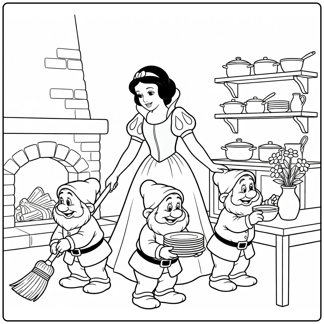 Snow White with Dwarfs Sweeping and Cleaning coloring page