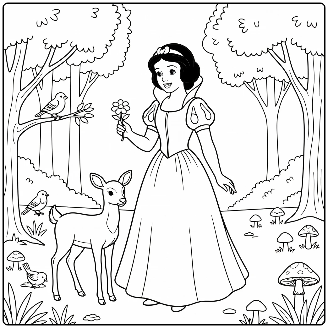Snow White with Smile Fawn and Forest Animals coloring page