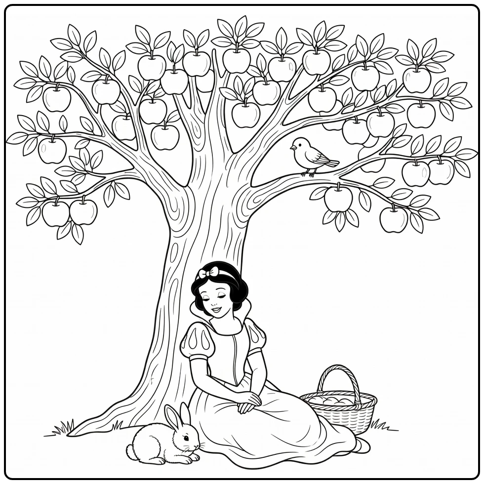 Snow White with Rabbit Bird and Picnic Basket coloring page