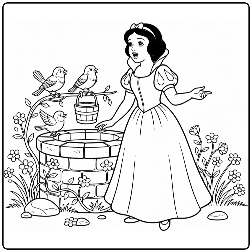 Snow White with Birds at Forest Well Singing coloring page