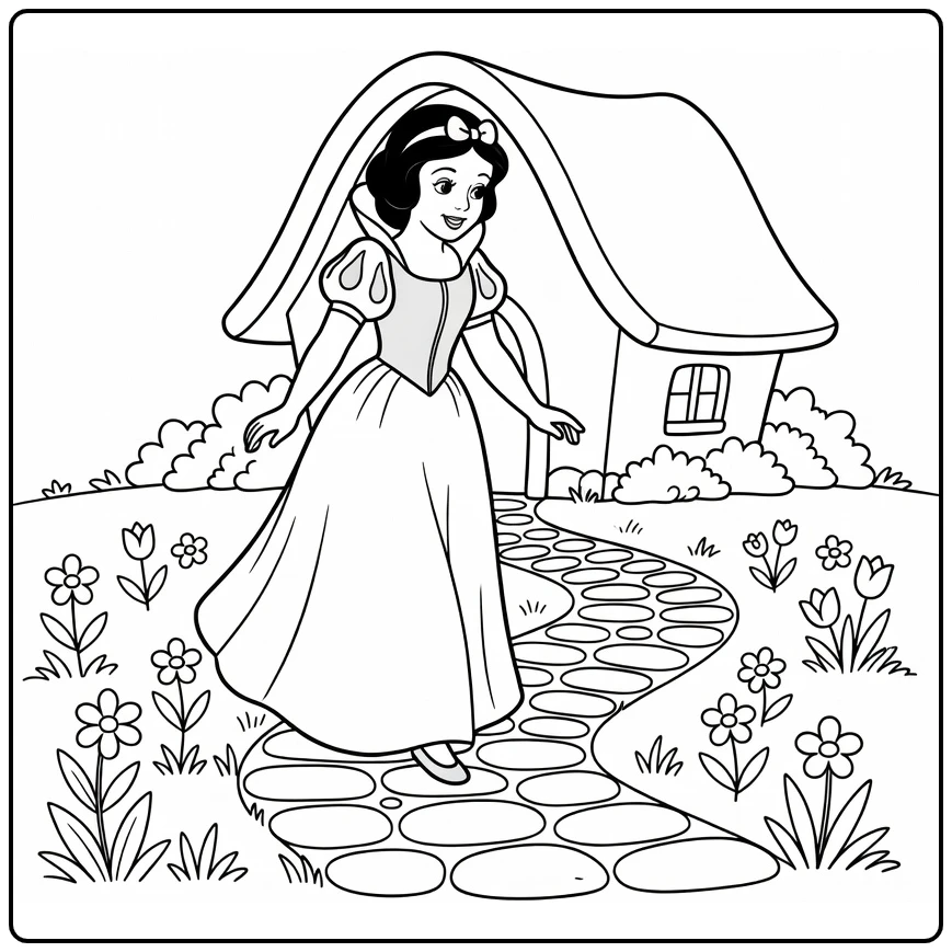 Snow White Discovering Forest Cottage on Stone Path coloring page