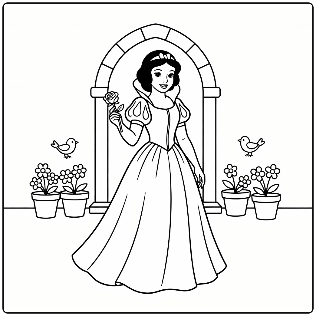 Snow White Princess Rose Holding with Birds coloring page
