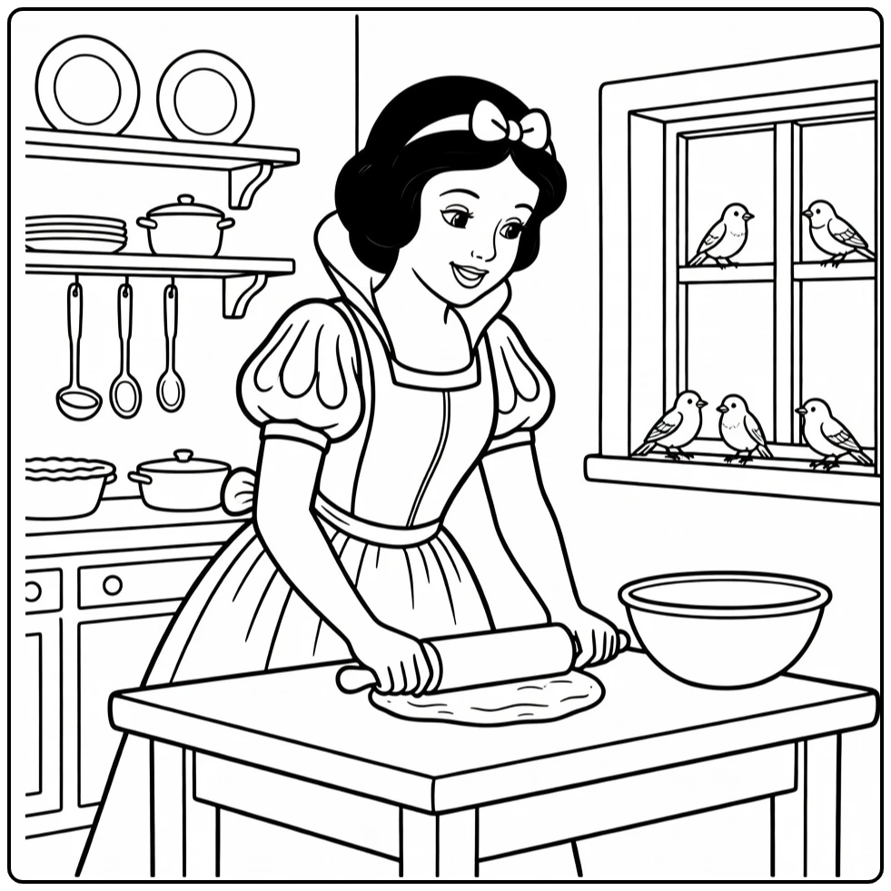 Snow White Rolling Dough with Birds at Window Watching coloring page