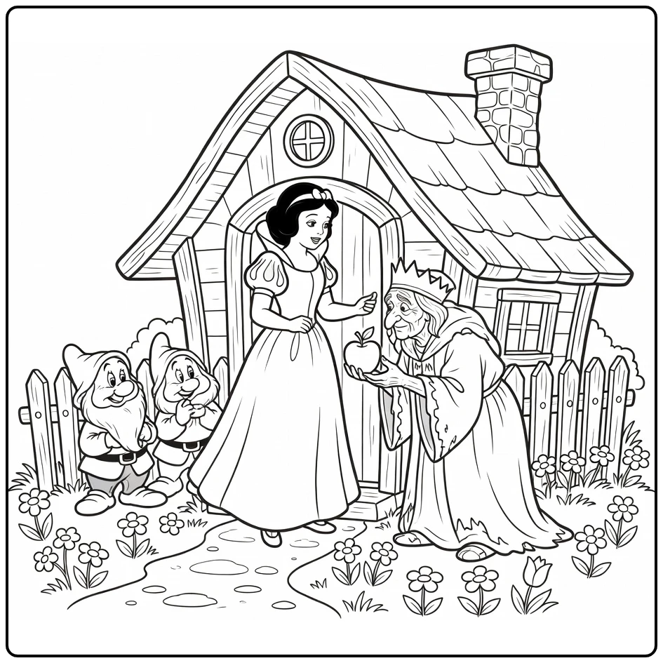 Snow White Greeting Old Woman Dwarfs Peeking coloring page