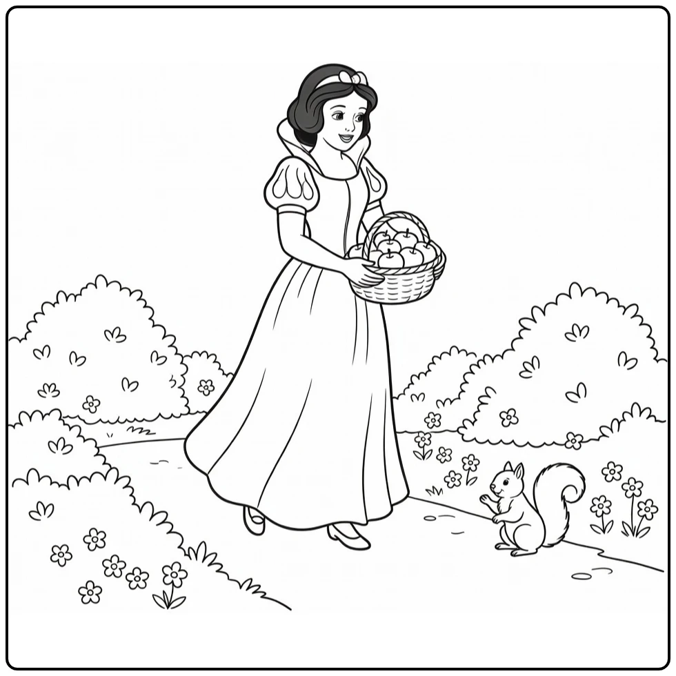 Snow White Walking Through Forest with Flowers and Squirrel coloring page