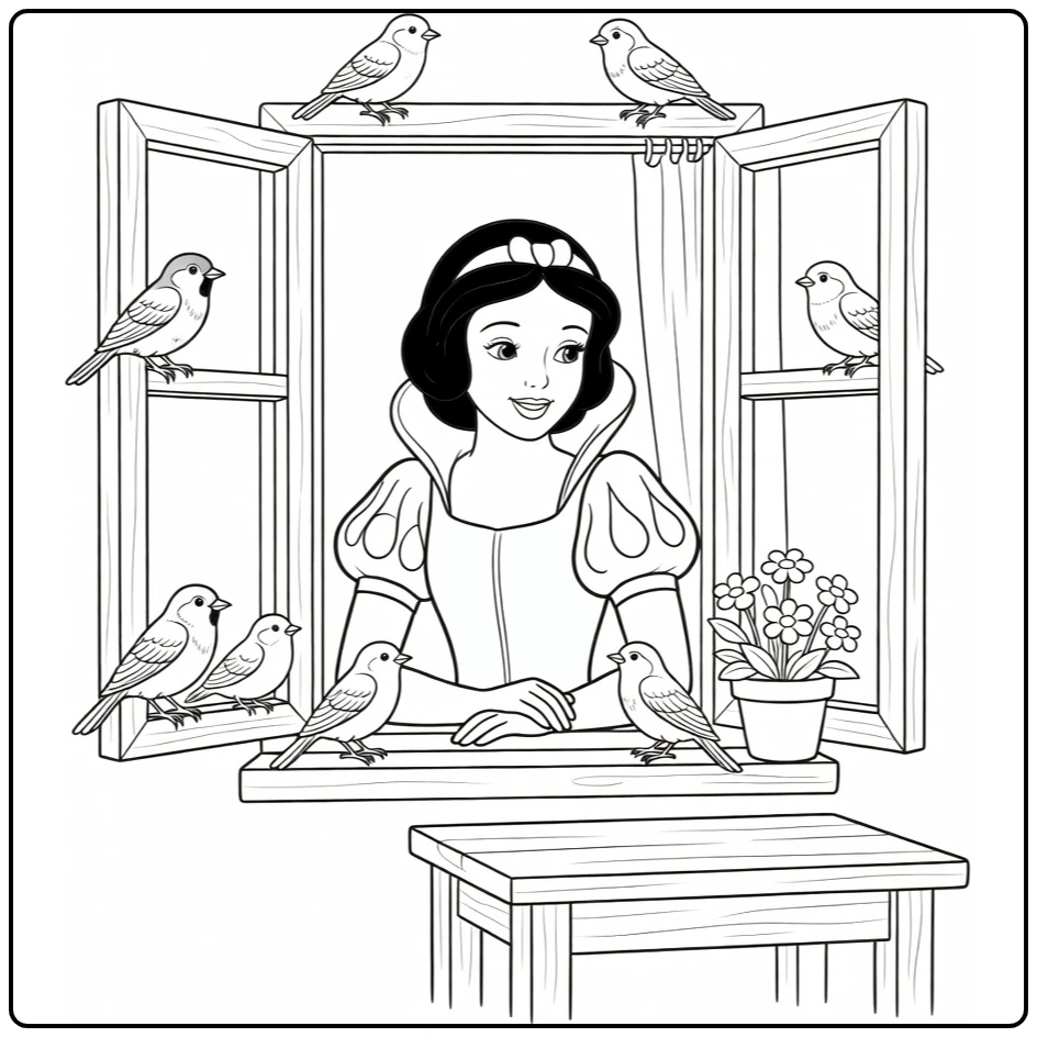 Snow White Sitting at Cottage Window with Forest Birds coloring page