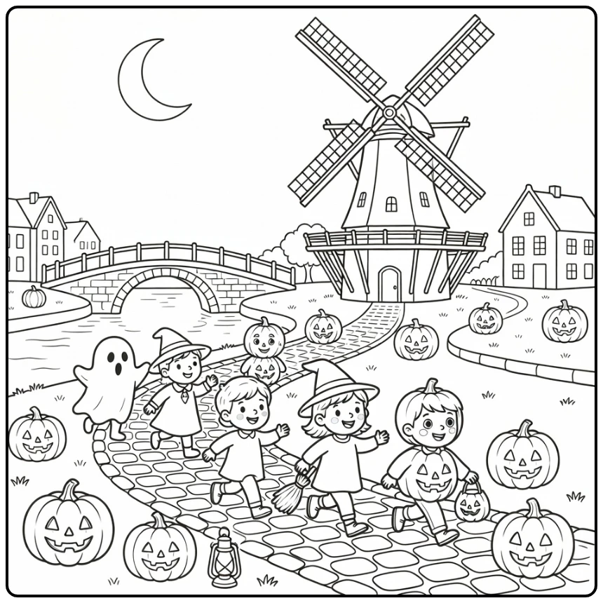 Vacation Halloween Dutch Village Canal Bridge coloring page