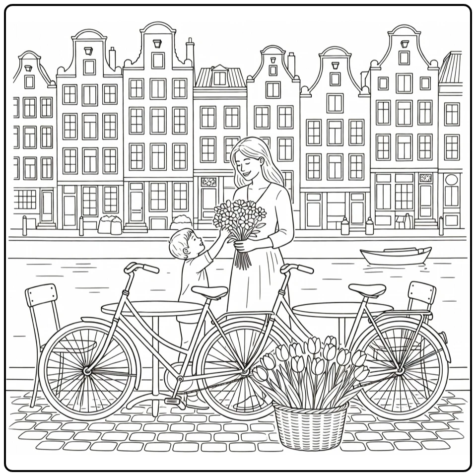 Vacation Mother's Day Netherlands Mother and Child at Canal coloring page