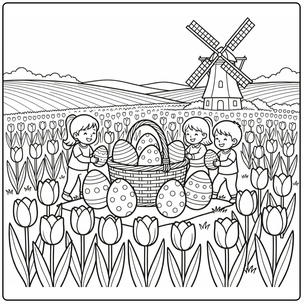 Vacation Easter Picnic in Tulip Field with Windmill coloring page