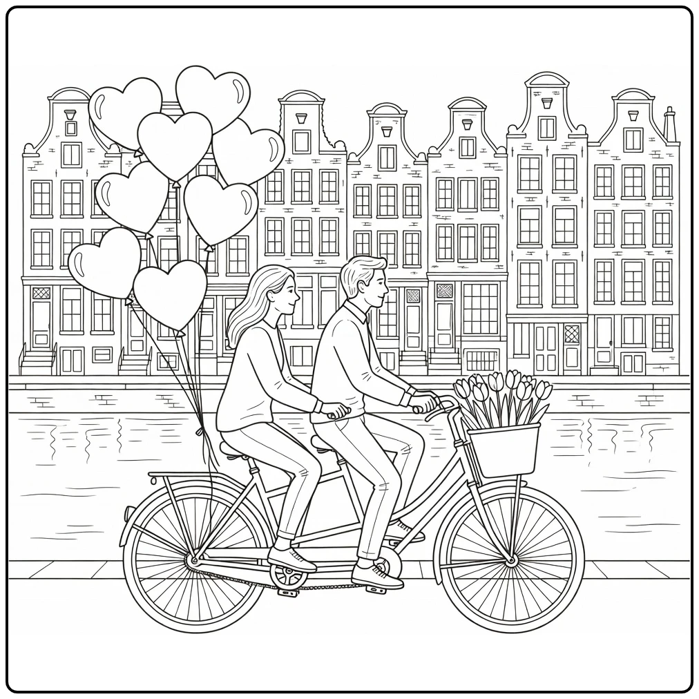 Vacation Valentine Tandem Netherlands Tulips Canal coloring page