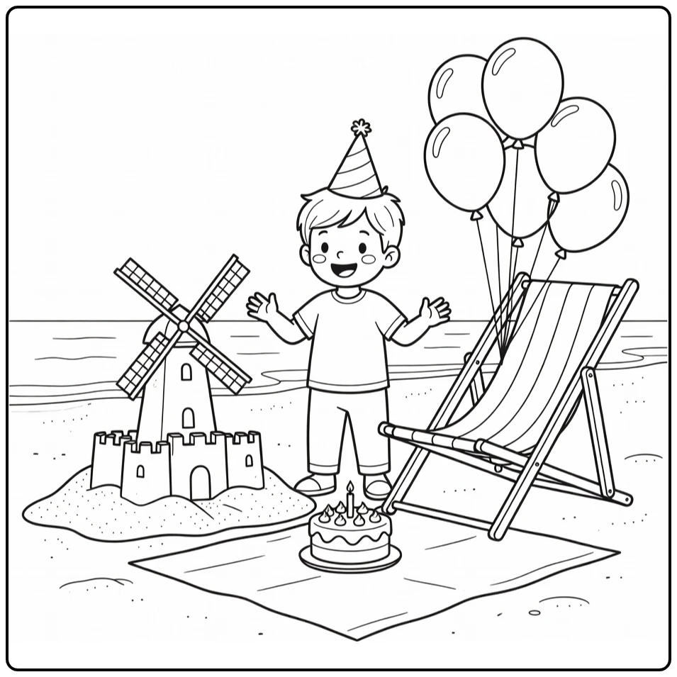 vacation coloring page with a birthday party on a Dutch beach