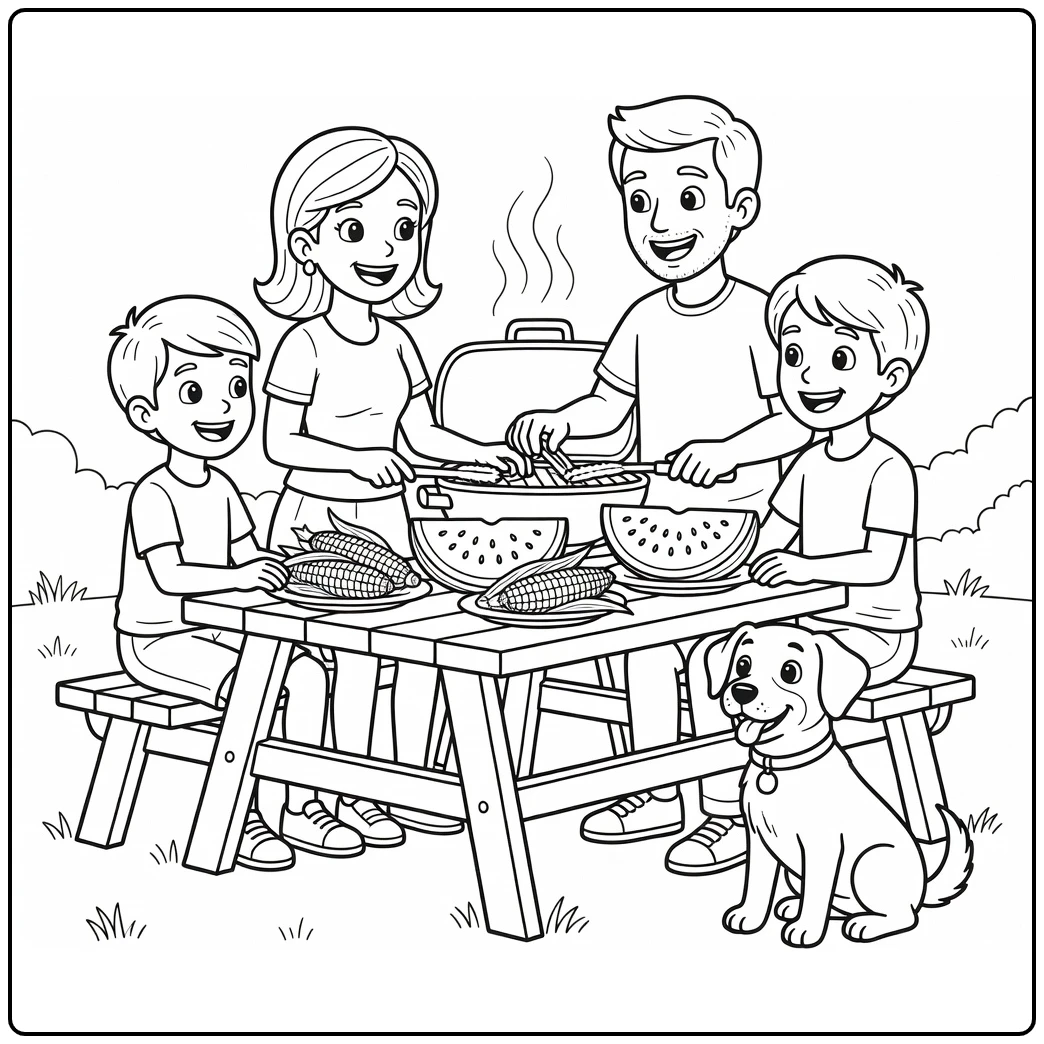 Summer Family with Picnic Table Grill and Dog coloring page