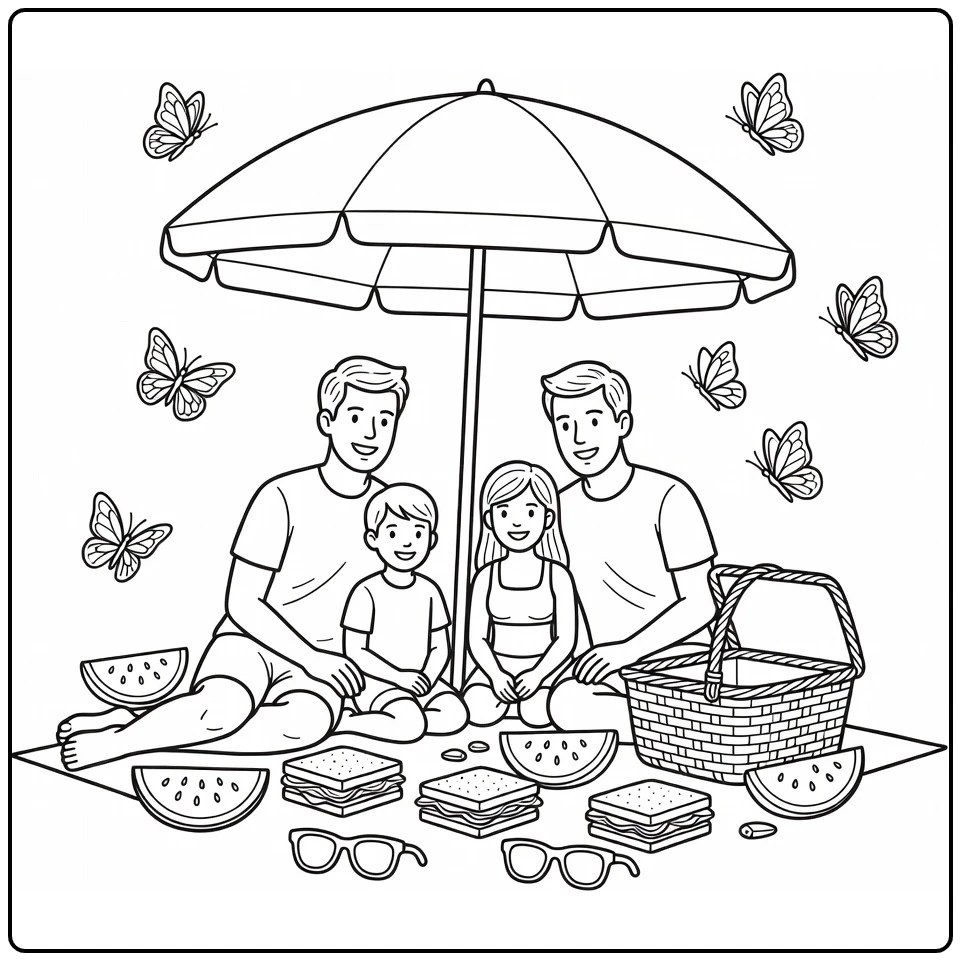 Summer Family Picnic Under Beach Umbrella with Basket coloring page