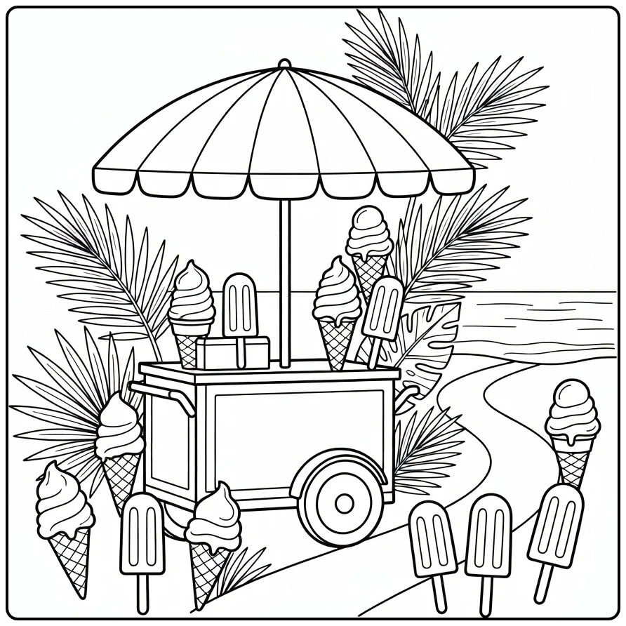 Summer Ice Cream Cart Cones Lollipops and Palm Trees with Sea coloring page