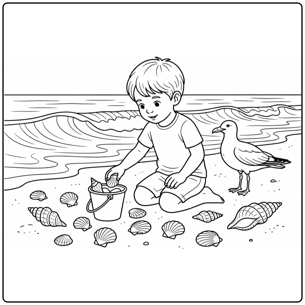Summer Child with Shell Bucket Seagull and Beach Waves coloring page