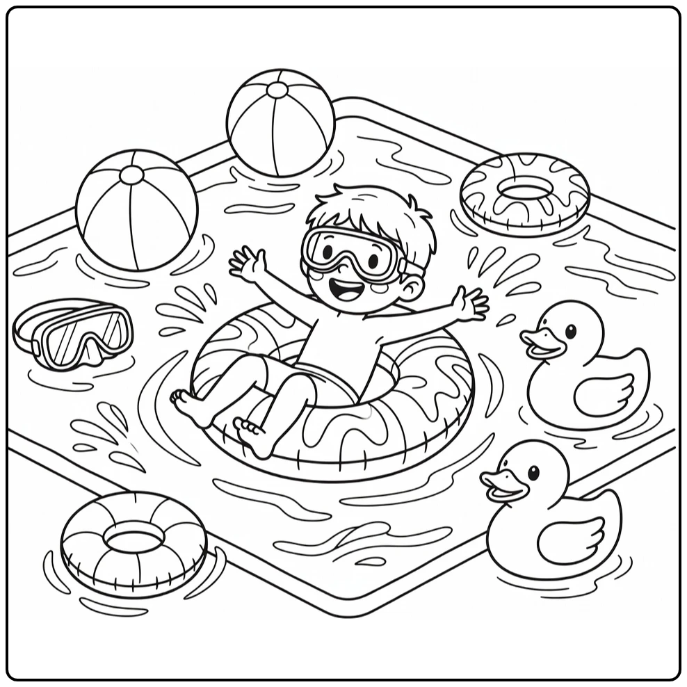 Summer Child with Goggles on Swim Ring in Swimming Pool coloring page
